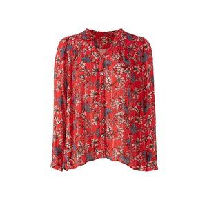 ba&sh Edgy Floral print button front blouse top red silver metallic v-neck 1 S